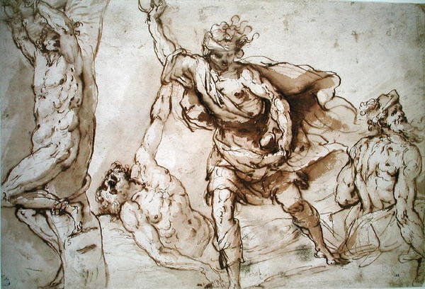 Studier for St. Sebastians martyrium og steiningen av St. Stefan (w.c på papir) av Francesco Maffei