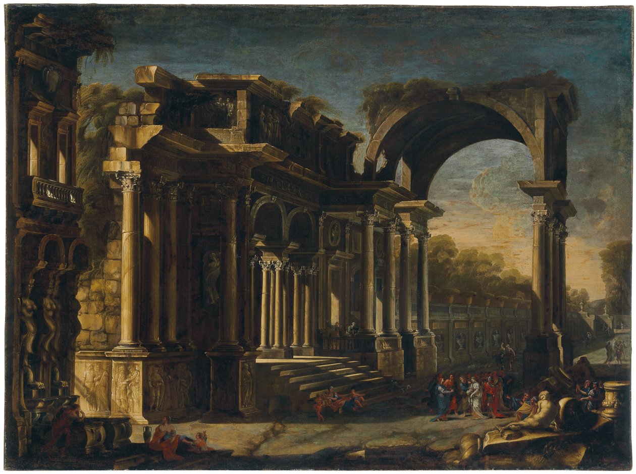 Capriccio med romerske ruiner og Kristus med kvinnen tatt i utroskap av Francesco Maglioli