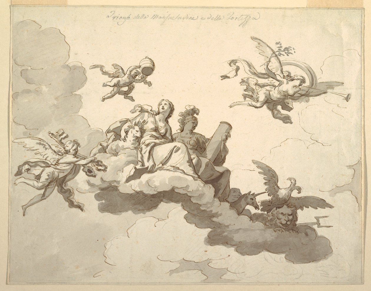 Tegning, design for et malt tak: Triumf av saktmodighet og styrke, ca. 1780 av Francesco Manno