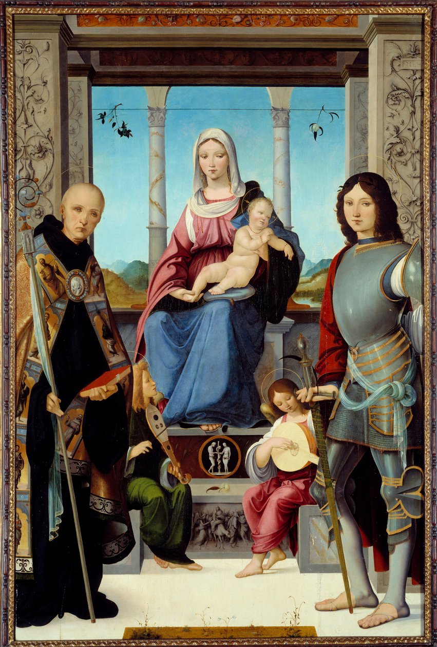 Jomfruen og barnet omgitt av Saint Benedict of Nursie og Saint Quentin med to engler Maleri av Francesco Marmitta (kjent mellom 1496 og 1504) 1400-talls sol. 2,2x1,38 m av Francesco Marmitta