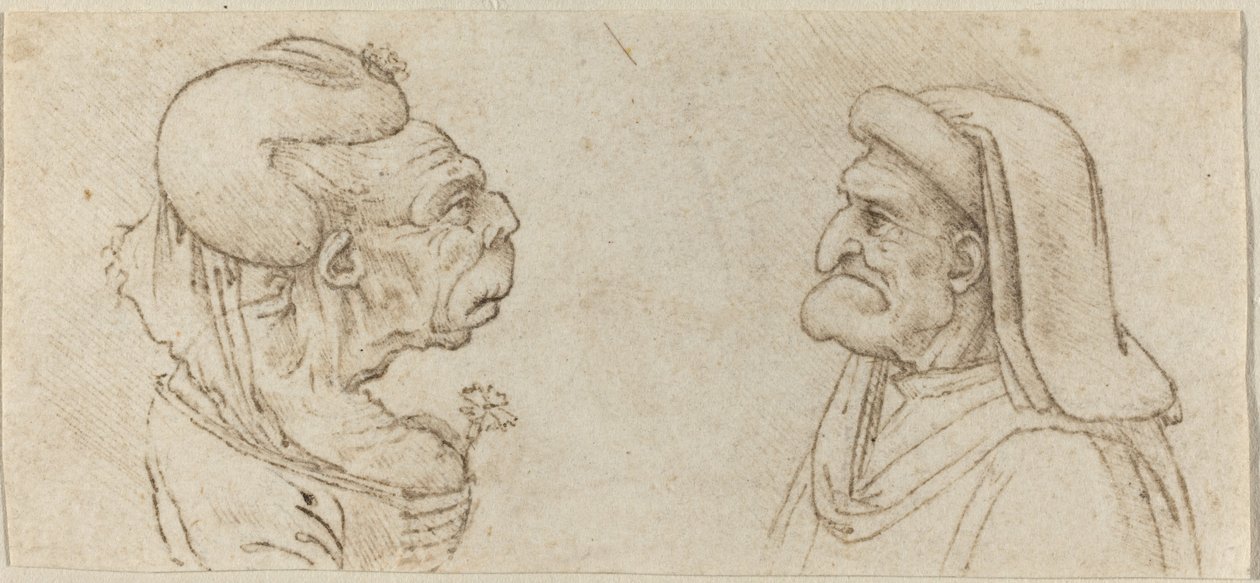 To groteske hoder av Francesco Melzi after Leonardo da Vinci