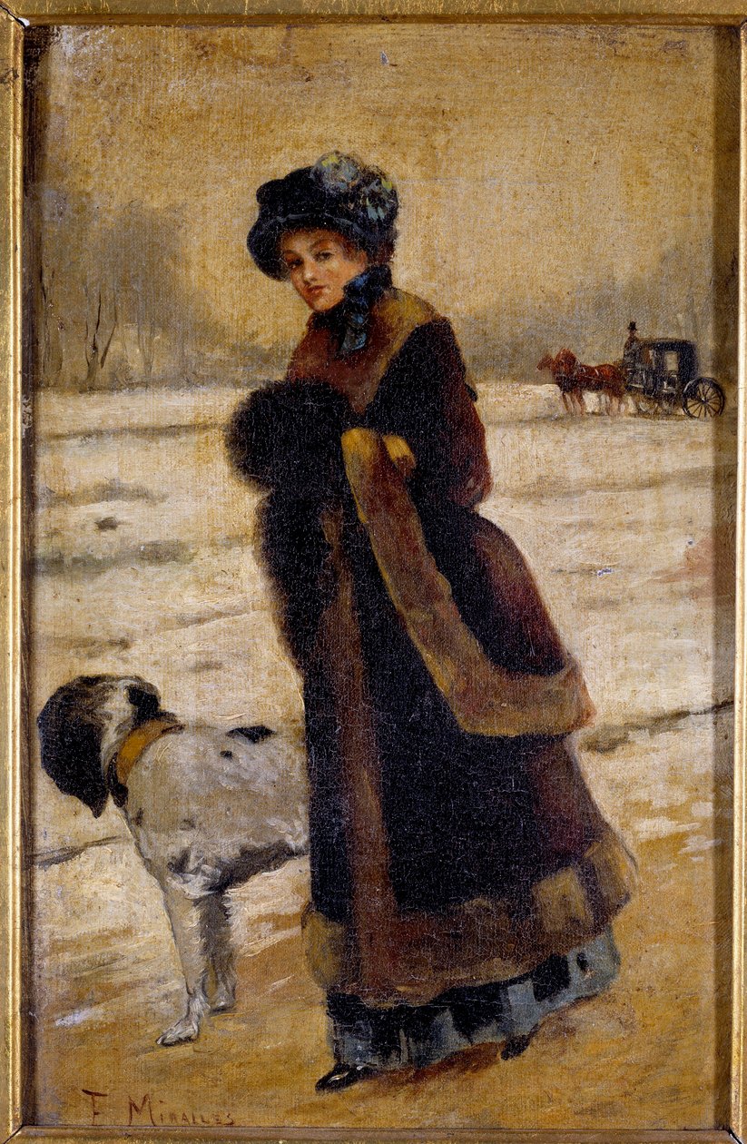 Ung kvinne med en hund Ung borgerlig iført pels og erme. Maleri av Francisco Miralles Galup (1848-1901) privatsamling fra 1800-tallet av Francesco Miralles Galaup