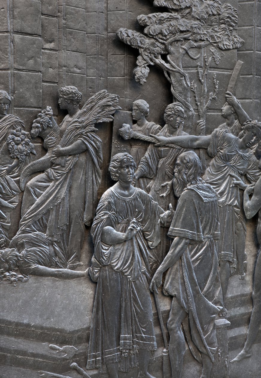 Base som representerer Alessandro Farnese som mottar ambassadørene til dronning Elisabeth av England, detalj av statuen av Alessandro Farnese av Francesco Mochi
