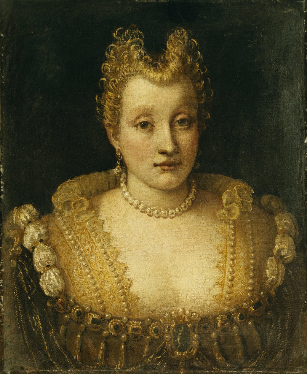 Portrett av en dame som sies å være av Contarini-familien, bystelengde, iført en forseggjort kjole med juveler og et perlekjede og øredobber, av Francesco Montemezzano