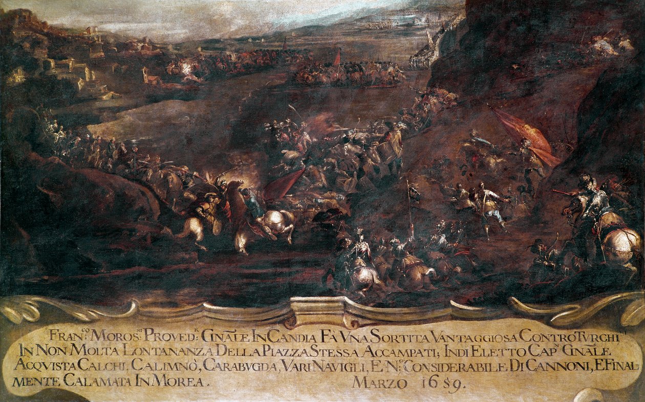 War of Candia (Kreta):: "" kamp mellom den venetianske flåten til Francesco Morosini (1619-1694) og den tyrkiske flåten i 1659" (Kreta-krigen (1645-69): slaget mellom den venetianske og tyrkiske flåten i 1659) Maleri av Francesco Monti dit il Brescianino d av Francesco Monti