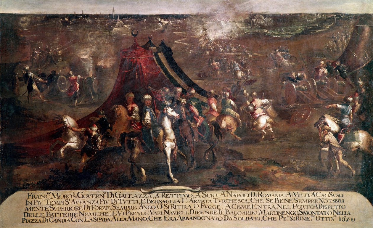 War of Candia (Kreta): "" kamp mellom den venetianske flåten til Francesco Morosini (1619-1694) og den tyrkiske flåten på flukt i 1650"" (Kretakrigen (1645-69): slaget mellom den venetianske og tyrkiske flåten i 1650) Maleri av Francesco Monti dit il Bresc av Francesco Monti