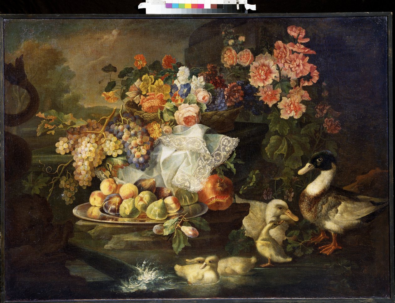 Stilleben med blomster og en and. Stilleben med frukt og ender. Maleri av Francesco Morosini (midten av 1700-tallet). Olje på lerret. Italiensk kunst, barokkstil. Mikhail Kroshitsky kunstmuseum, Sevastopol (Sevastopol) Ukraina av Francesco Morosini