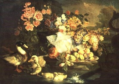 Stilleben av frukt og blomster med en and, drake og andunger av Francesco Morosini