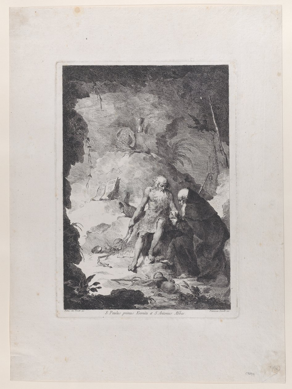 Eremitten Paul og Saint Anthony Abbed i samtale i et landskap, etter Pi..., ca. 1784-1836. av Francesco Novelli