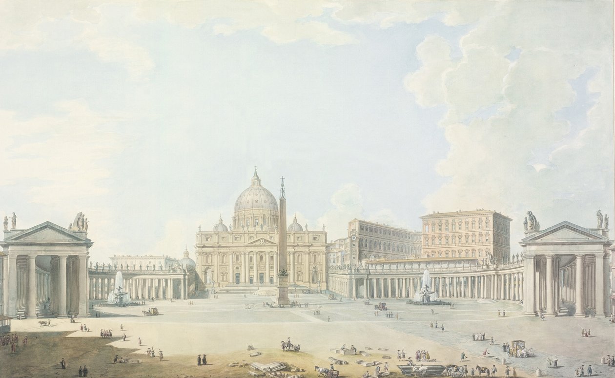St. Peters, basilikaen og piazzaen (wc over etset omriss) av Francesco Panini