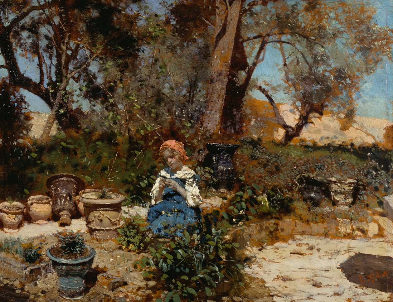En jente i hagen, av Francesco Paolo Michetti (1851-1929), olje på panel, 27x36 cm av Francesco Paolo Michetti