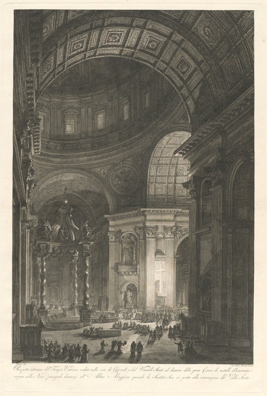 Interiør av St. Peter, med belysning av St. Peters kors av Francesco Piranesi