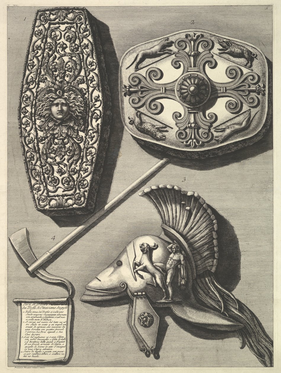 Deler i stort restaurert av Trofei de Ottaviano Augusto Restaurert detalj av Tro ..., ca. 1753. av Francesco Piranesi