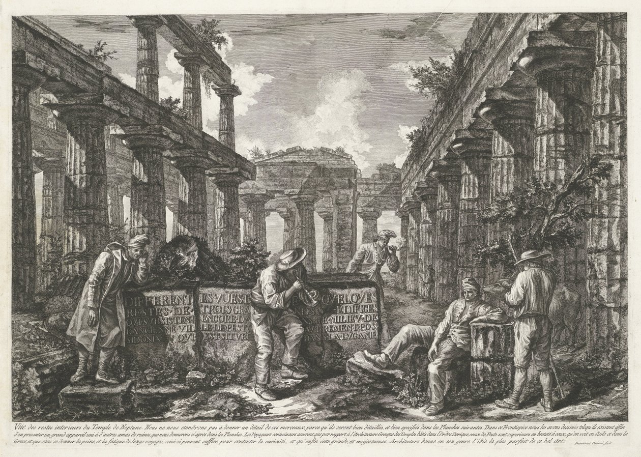 Titteltrykk med rester av Neptuntemplet ved Paestum med tittel på blokker Ulik utsikt over restene av tre store bygninger som fortsatt står ved Paestum (serietittel) Différentes vues de quelques hviler de trois grands édifices qui av Francesco Piranesi