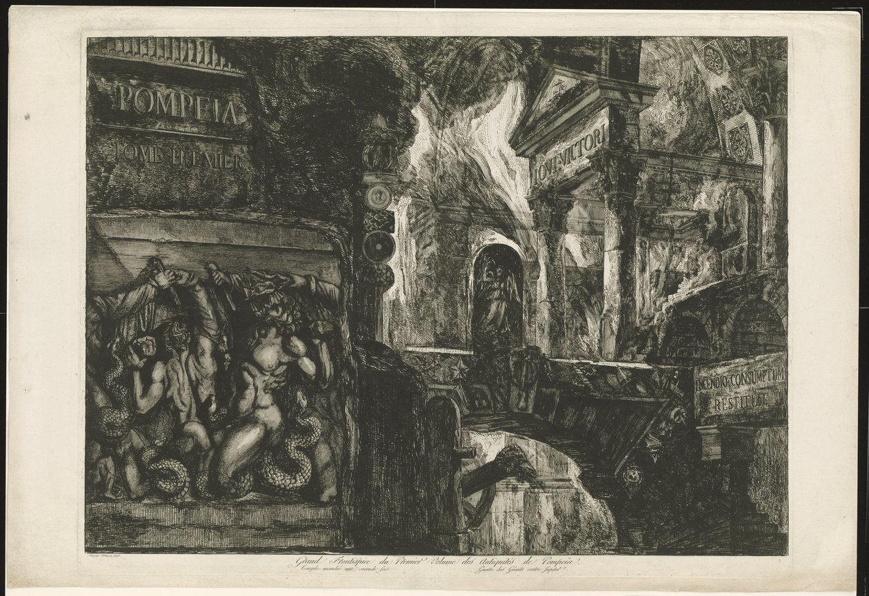 Titelprent met tempel en byggefragmenten Pompeia Tome Premier (tittel på objekt) Grand Frontispice av det første bindet av Pompeïas antikviteter / Templet brent en annen gang / Giants krig mot Jupiter (tittel på objektet) av Francesco Piranesi