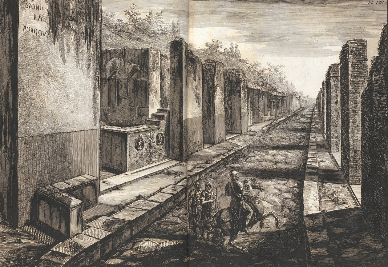 Utsikt fra gaten som kommer inn under porten til byen Pompeii, med foten pa..., 1804. av Francesco Piranesi