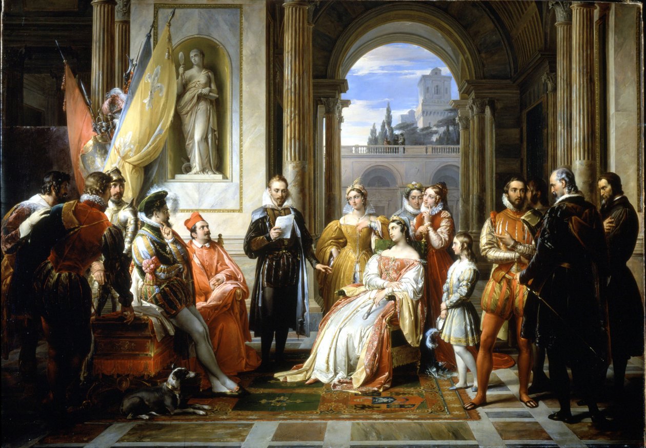 Torquato Tasso (Le Muche) leser sin Jerusalem-delivere (Det frigjorte Jerusalem) ved hoffet til Ferrara. Maleri av Francesco Podesti (1800-1895) av Francesco Podesti