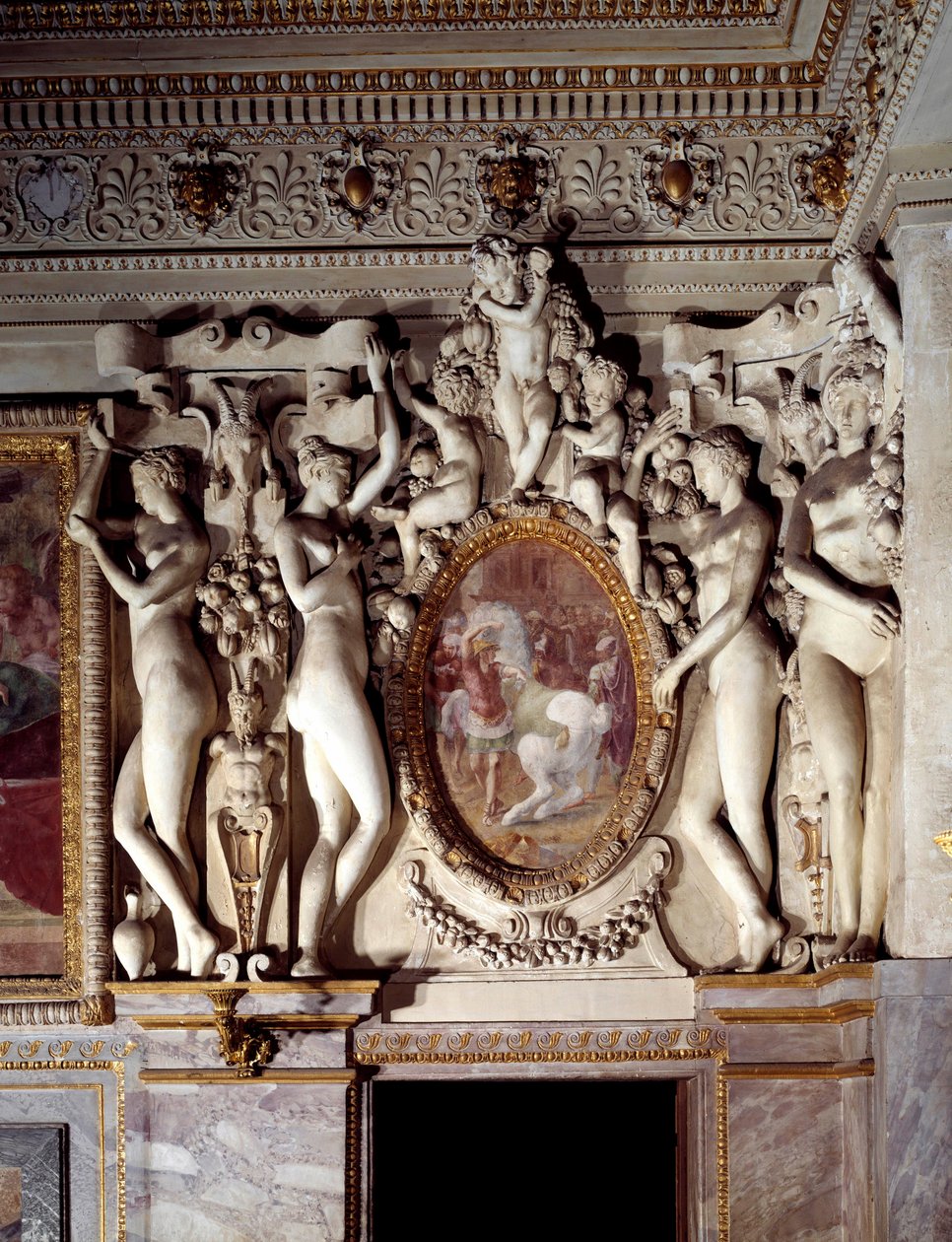 Arkitektur: detalj av rommet til Anne de Pisseleu hertuginne av Etampes (1508-1580), favoritten til Francois I, ved slottet Fontainebleau kjent som Kongens trapp. Realisert av Francesco Primaticcio dit Le Primatice (1504-1570) 1541 Fontainebleau, mu av Francesco Primaticcio