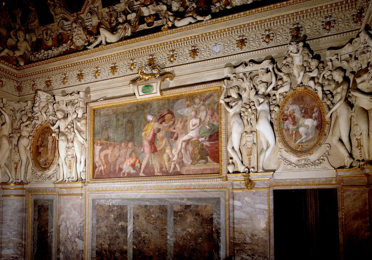 Arkitektur: detalj av rommet til Anne de Pisseleu hertuginne av Etampes (1508-1580), favoritten til Francois I, ved slottet Fontainebleau kjent som Kongens trapp. Realisert av Francesco Primaticcio dit Le Primatice (1504-1570) av Francesco Primaticcio