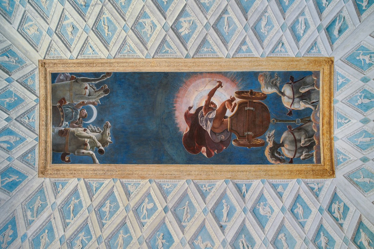 Chamber of the Sun and the Moon (Camera del Sole e della Luna): vognene til solen og månen drevet av Diana og Apollo av Francesco Primaticcio