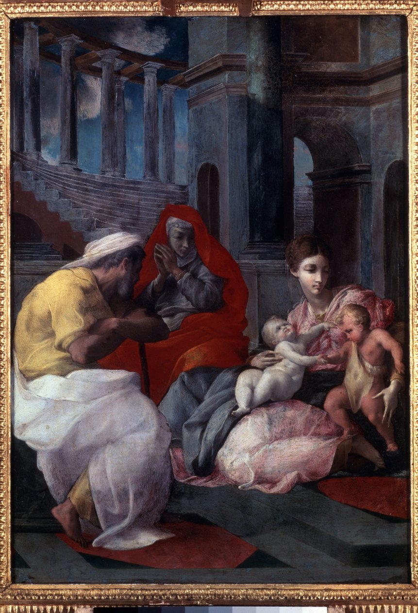 ""Den hellige familie med døperen Johannes og den hellige Elizabeth"" (Den hellige familie med døperen Johannes og den hellige Elizabeth) Maleri av Francesco Primaticcio, kjent som Le Primatice (1504 - 1570) av Francesco Primaticcio
