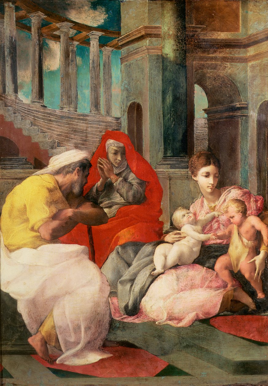 Den hellige familie med St. Elizabeth og St. Johannes døperen, 1541-3 (olje på skifer) av Francesco Primaticcio