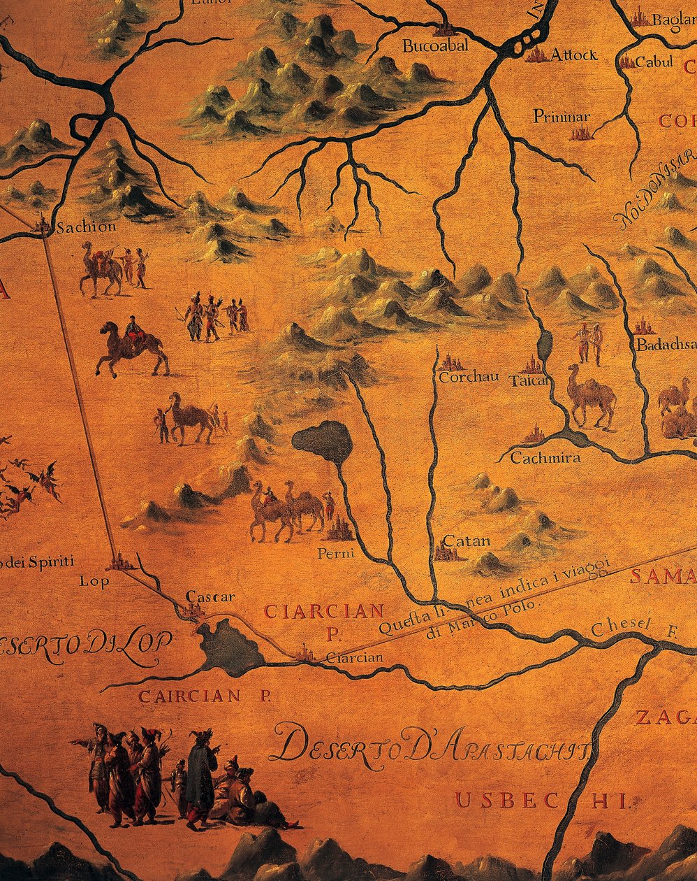 Detalj av Marco Polos rute over østlige ørkener, kart over Tartary av Francesco and Ramusio Giovan Battista Grisellini