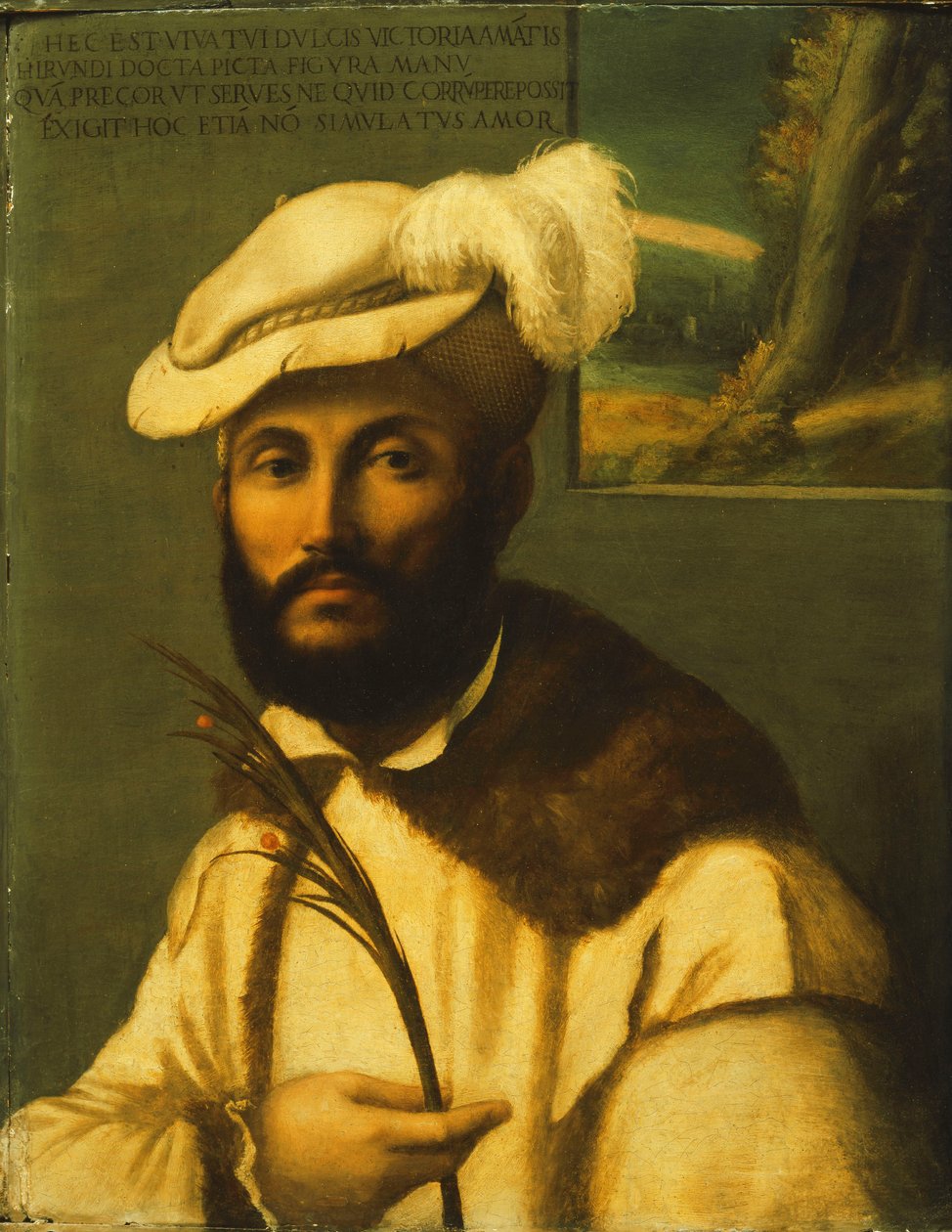 Portrett av en skjeggete herre, halvlang, i en pelstrimmet hvit jakke og en plymet lue og holder et palmeblad, et landskap sett gjennom en kasse utenfor av Francesco Rondani