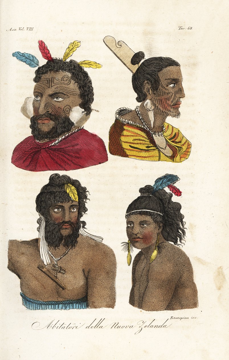 Portretter av Maori Warriors, New Zealand Menn og gutter med ansiktstatoveringer og fjær i håret. Håndfarget kobberplate gravert av Francesco Rosaspina etter William Hodges og Piron fra Giulio Ferrarios Ancient and Modern Costumes of All the Peop av Francesco Rosaspina