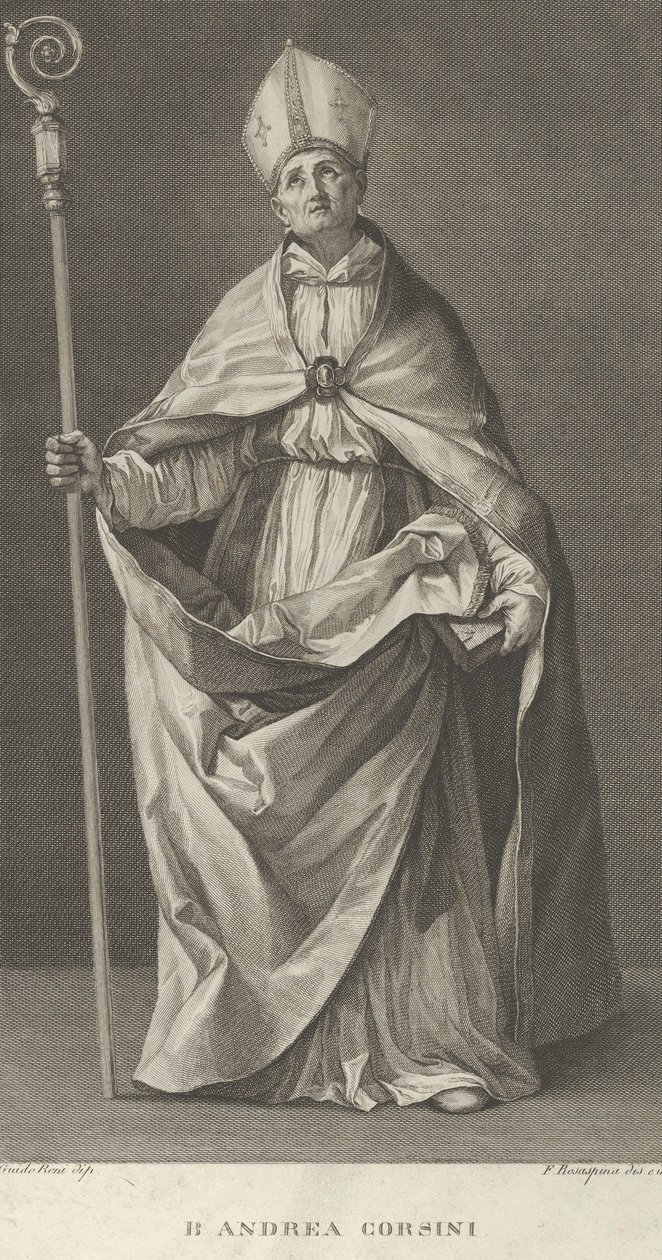 Den hellige Andrea Corsini kledde seg som biskop av Fiesole, holdt et korsbord og så ..., ca. 1780-1841. av Francesco Rosaspina