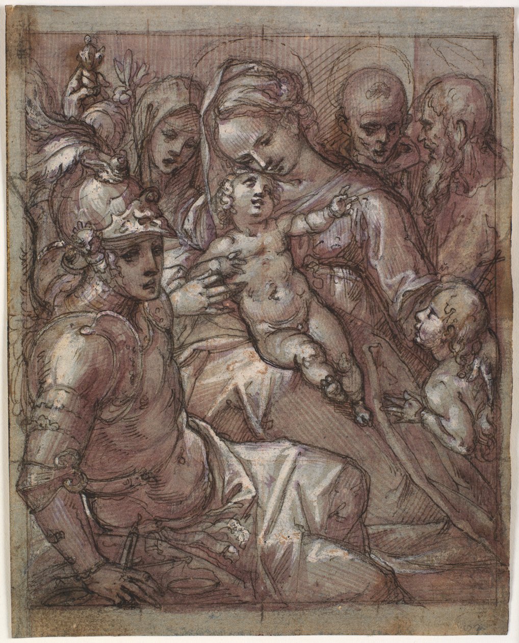 Jomfru Maria og Jesusbarnet med døperen Johannes som gutt, Bernardino av Siena (?), Katarina av Siena, erkeengelen Mikael og en skjeggete helgen av Francesco Rustici