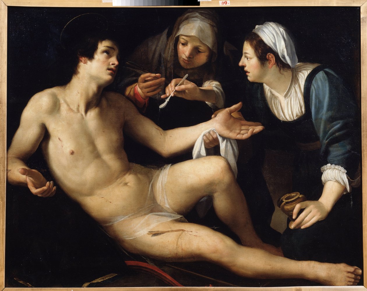 Saint Sebastian (Saint Sebastian). Han blir tatt hånd om fra sårene sine av en ung enke, Saint Irene. Maleri av Francesco Rustici (cirka 1575-1626). Olje på lerret, 119 x 148 cm. Kunst fra Siena, italiensk manerisme. Statens kunstmuseum, Jekaterinburg. av Francesco Rustici
