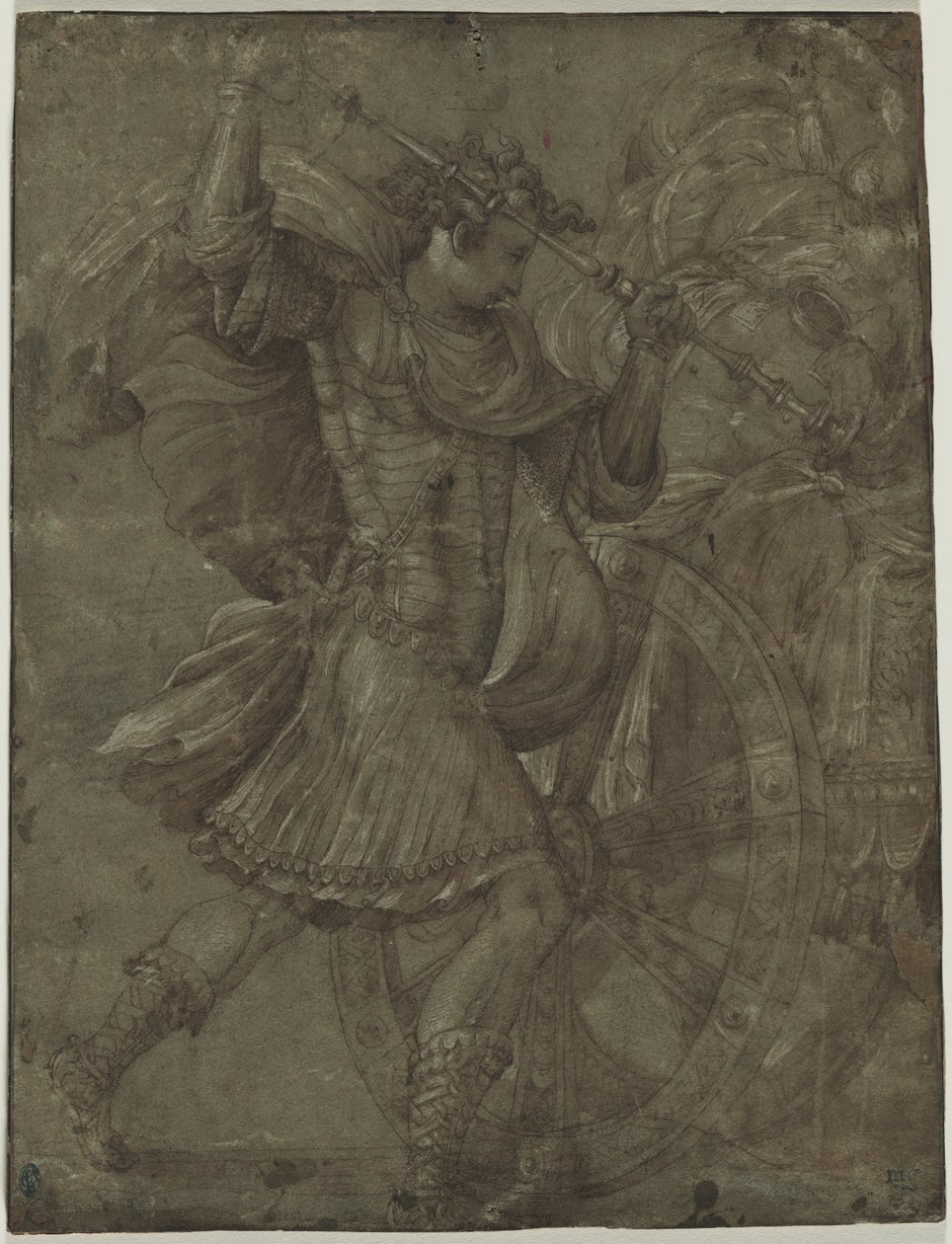 Mann i rustning ved siden av en vogn, ca. 1550. av Francesco de Rossi Salviati Cecchino