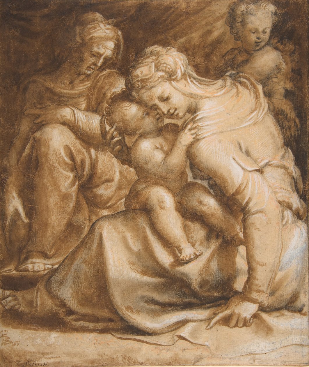 Jomfru og barn med Saint Anne og døperen Johannes, ca. 1550. av Francesco Salviati