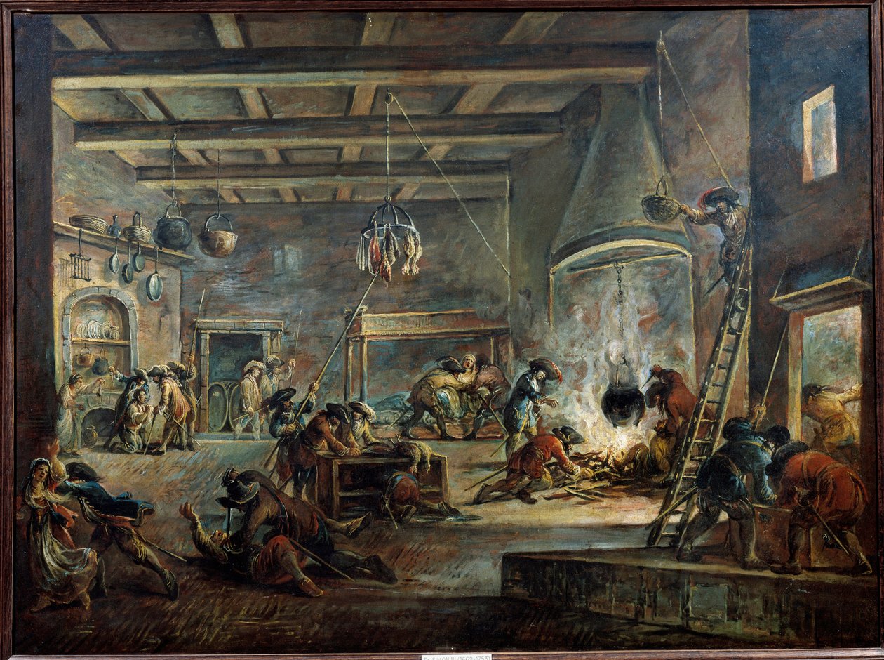 Plyndre en gård. Maleri av Francesco Simonini (1686-1753) realisert etter Jacques Callot av Francesco Simonini