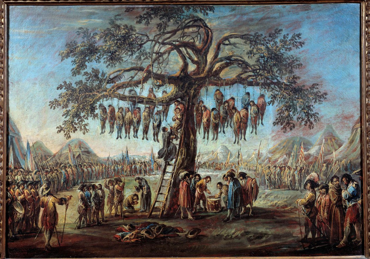 Det hengte treet Et makabert skue som representerer straffedømte som skal torturere ved å henge på grenene på et tre. Illustrasjon inspirert av en gravering av serien "Les miseres de la guerre"" av Jacques Callot (1592-1635). Maleri av Francesco Simonini ( av Francesco Simonini