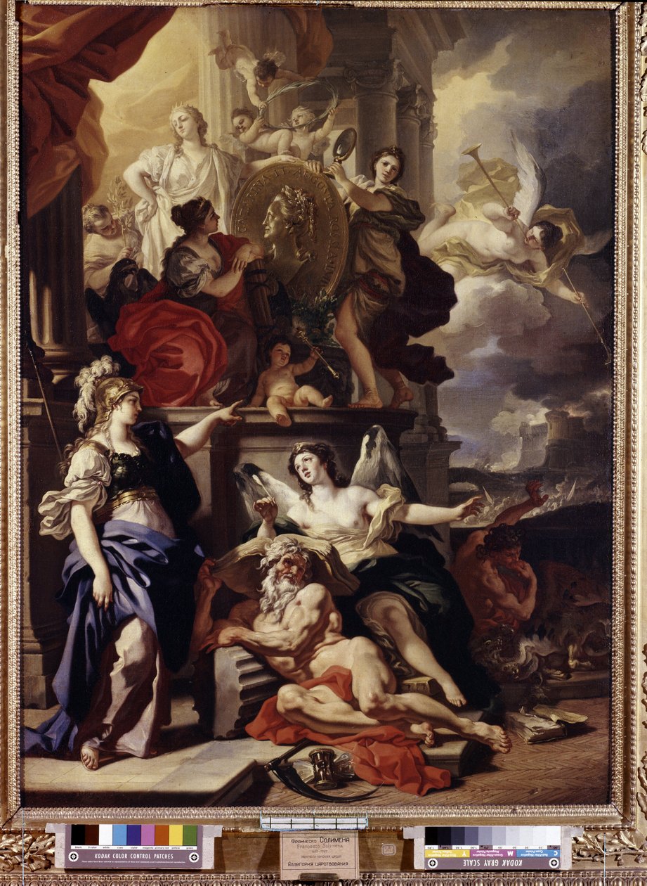 Allegori om regjeringen. Medaljongen i midten representerer ansiktet til dronning Katarina II av Russland (1729-1796). Maleri av Francesco Solimena (1657-1747). Olje på lerret av Francesco Solimena