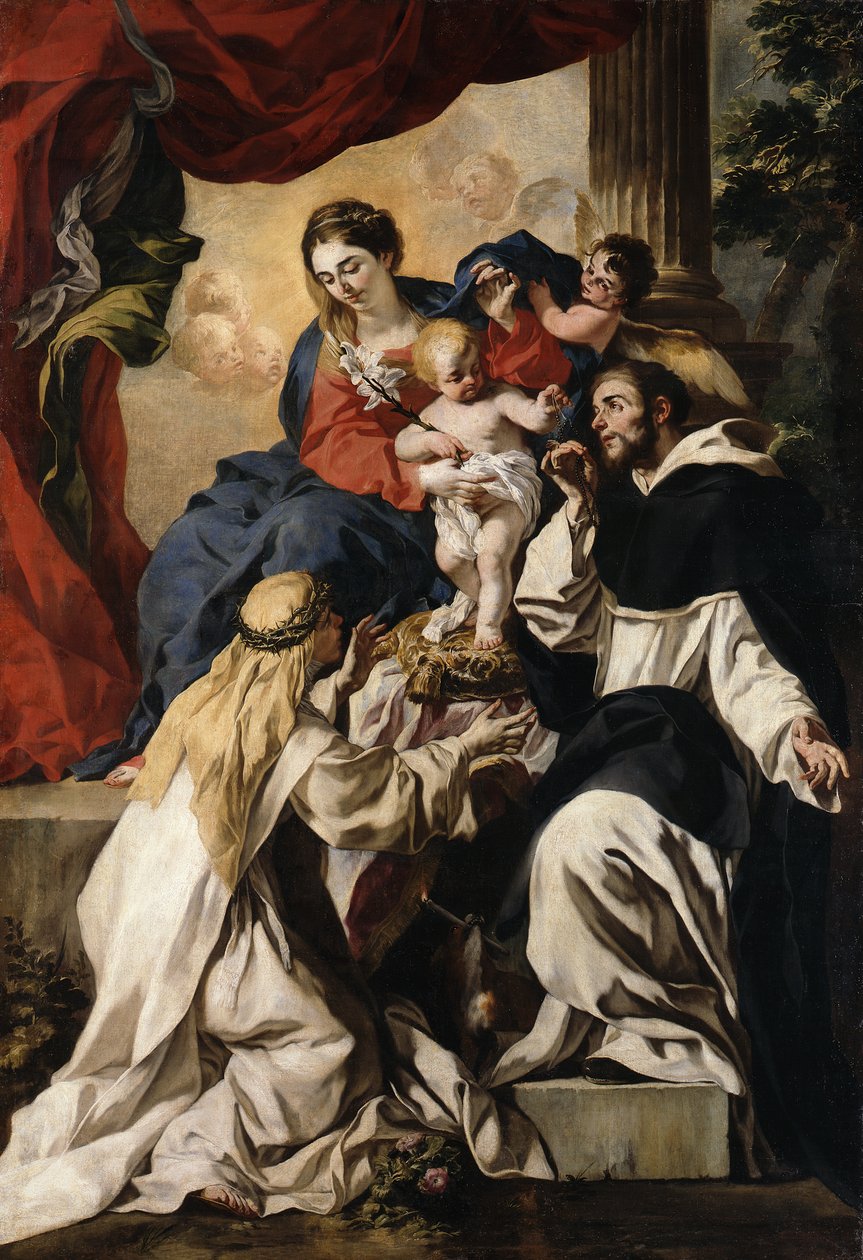 Den tronende Maria med barnet, den hellige Dominikus og den hellige Katarina av Siena (Rosenkransmadonnaen) av Francesco Solimena