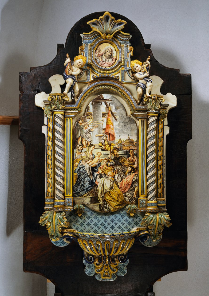 Stor helligvannsfont i malt majolica med sentral scene fra maleriet Adoration of the Magi av Francesco Solimena (1657-1747), Italia, 1900-tallet av Francesco Solimena
