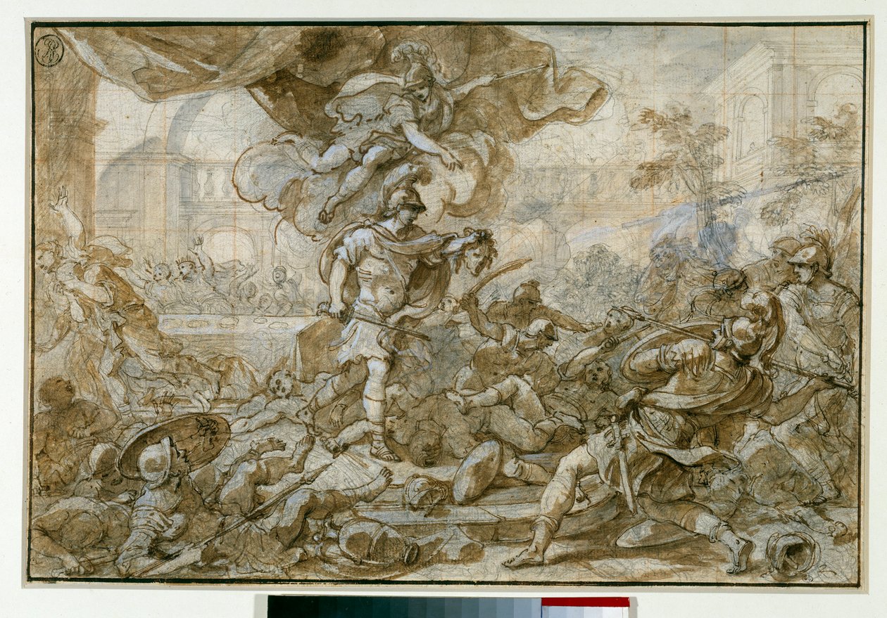 Mytologi: "" Se våpenet til hodet til Meduse endres til stein Phinee og hans soldater "" Tegning av Francesco Solimena dit l "Abbate Ciccio ou l" Abbe Ciccio av Francesco Solimena