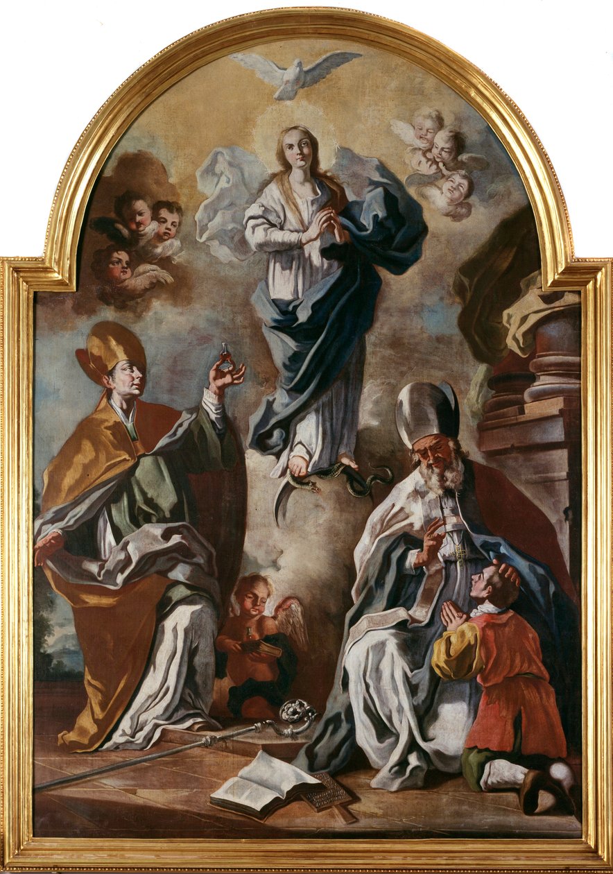 Den Hellige Ånds due vises over Jomfruen med helgener (olje på lerret av Francesco Solimena