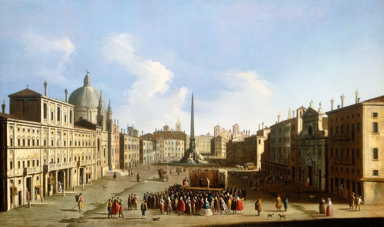 Piazza Navona, Roma, med en Commedia dell "Arte Performance, av Francesco Tironi