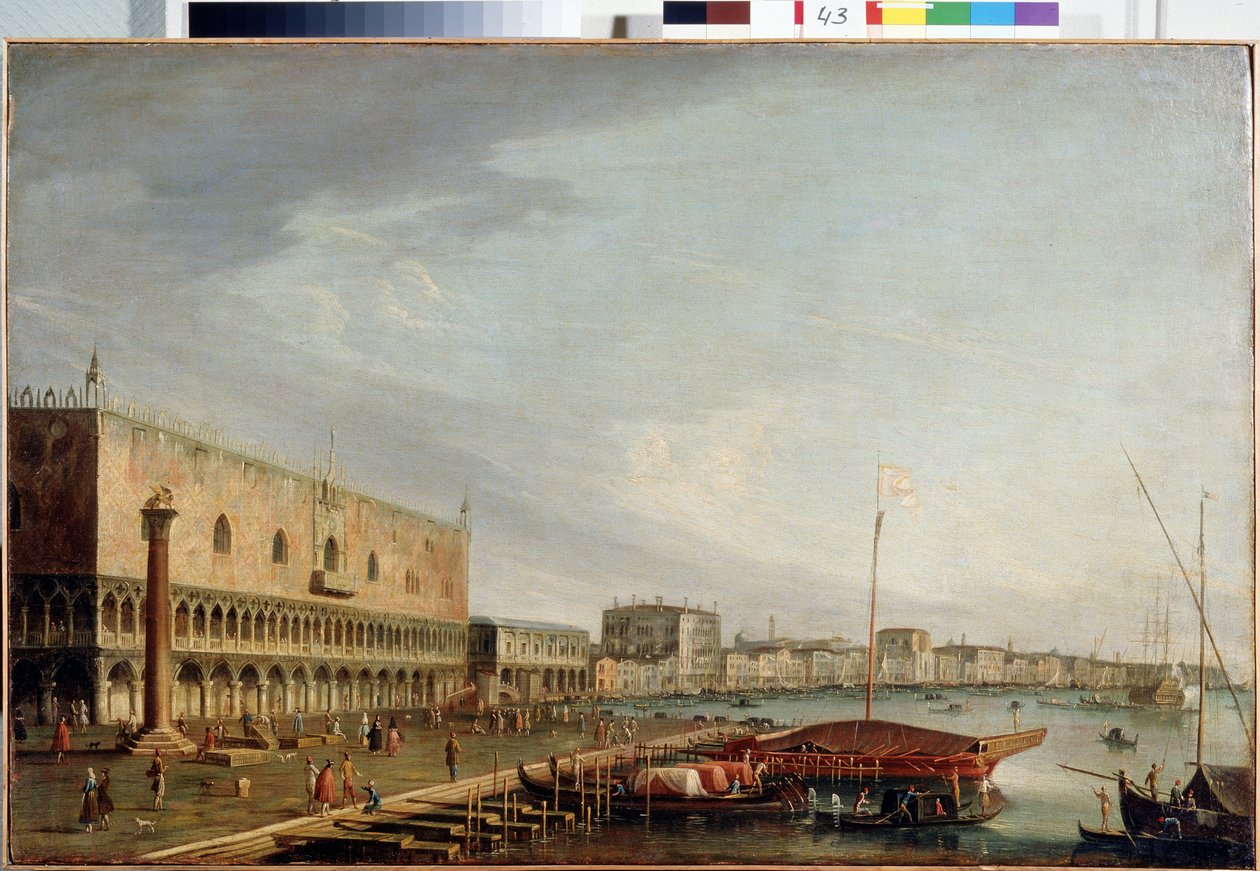 Utsikt over Markusplassen (Piazzetta) med Dogepalasset i Venezia (Utsikt over Markusplassen med Dogepalasset i Venezia). Maleri av Francesco Tironi (1745-1797). Olje på lerret, 73 x 111 cm. Venetiansk kunst fra 1700-tallet. Statens museum Arkhan av Francesco Tironi