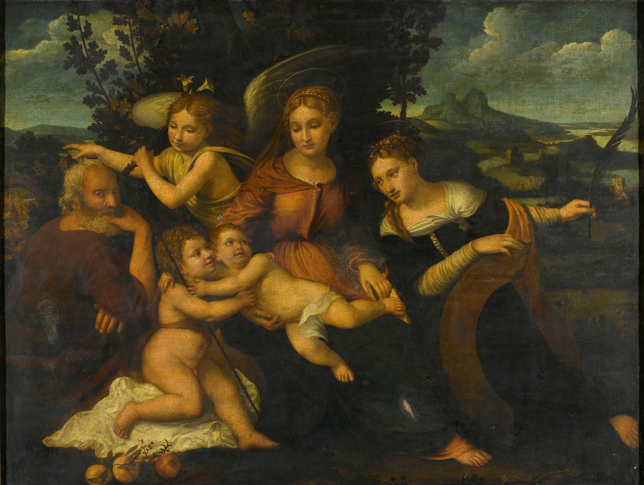 Hellig familie med Saint Catherine av Francesco Torbido (attributed to)