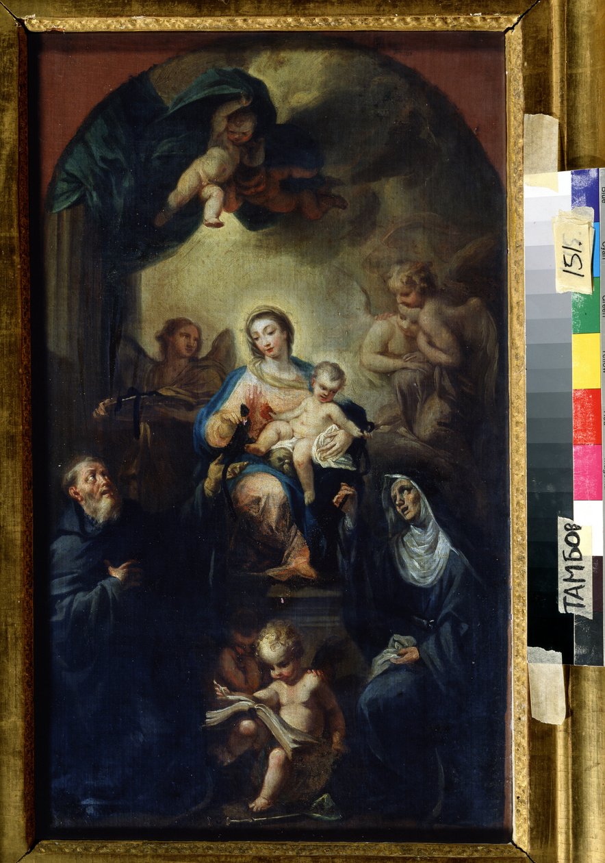 Jomfruen og barnet med hellige (Madonna og barnet med hellige). Maleri av Francesco Trevisani (1656-1746). Olje på lerret, 61,5 x 35,5 cm. Venetiansk skole, italiensk barokkkunst. Regionalt kunstgalleri, Tambov (Russland). av Francesco Trevisani