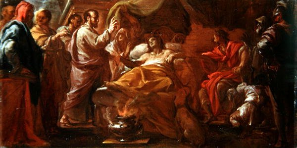 Studie for St. Matthew Resuscitating the Son of the King of Etiopia (olje på lerret) av Francesco Trevisani