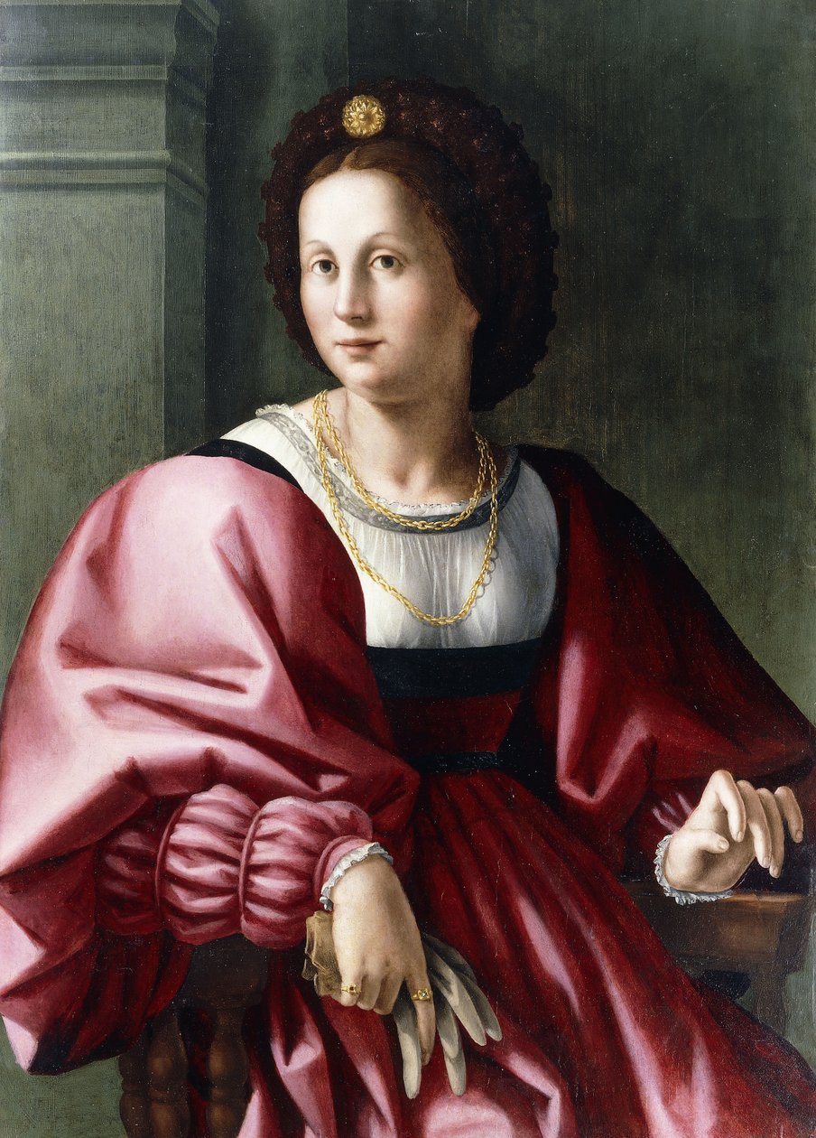 Portrett av en dame, sittende i trekvart lengde, holder en hanske, av Francesco Ubertini Bacchiacca
