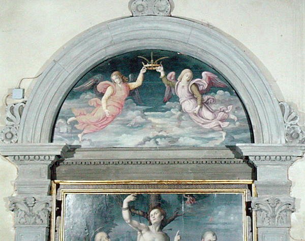 SS. Benedict, Dominic og Sebastian (detalj av lunetten) (olje på panel) (se også 192539 og 192540) av Francesco Ubertini Il Bacchiacca