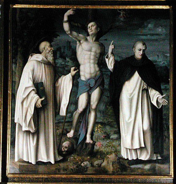 SS. Benedict, Dominic og Sebastian (olje på panel) (se også 192538 og 192540) av Francesco Ubertini Il Bacchiacca