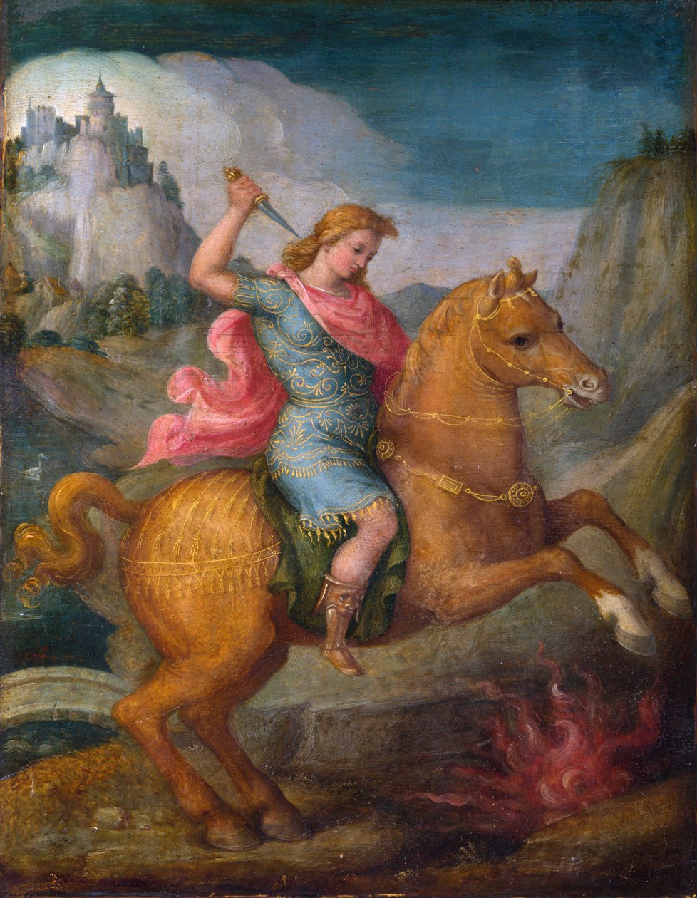 ""Marcus Curtius"" Den tapre Marcus Curtius, en romersk statsborger, ofrer seg til de romerske gudene ved å kaste seg inn i en kløft i et forum i 362 f.Kr. - Maleri av Francesco Ubertini eller Francesco d
